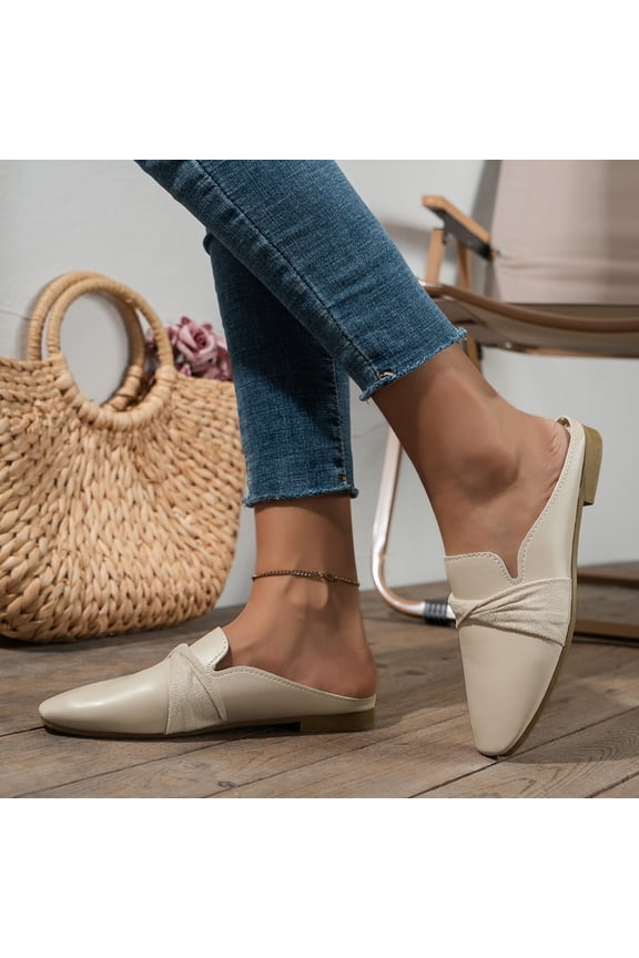 Ladies Fashion Solid Color Leather Round Head Half Slippers Flat Comfortable Casual Single Shoes