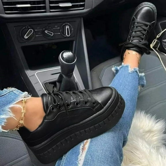 ZTTD Ladies Fashion Solid Color Leather Round Toe Lace Up Platform Casual Shoes