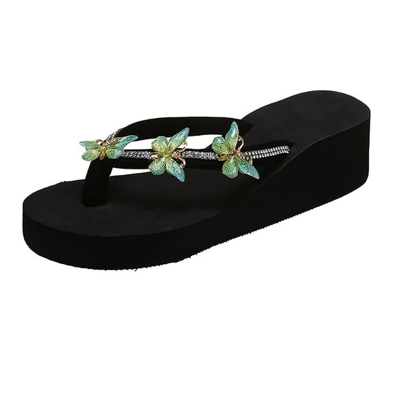 ZTTD Ladies Fashion Summer Flip Flops Casual Rhinestone Butterfly Sandals Green