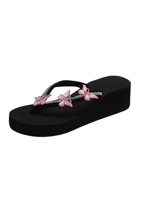 Ladies Fashion Summer Flip Flops Casual Rhinestone Butterfly Sandals Pink