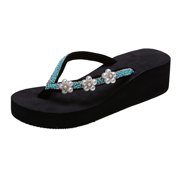 ZTTD Ladies Fashion Summer Flip Flops Casual Rhinestone Flowers Thick Sole Sandals Green
