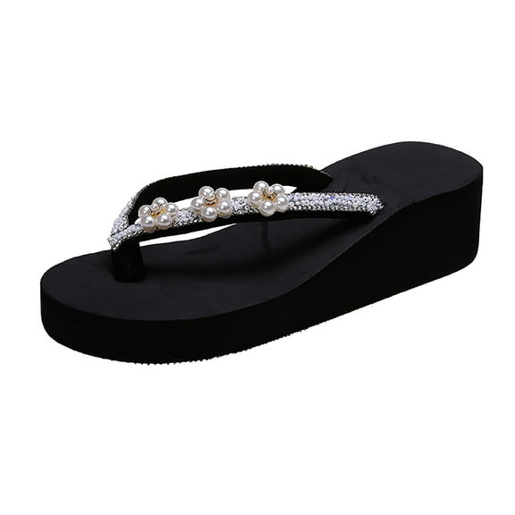 ZTTD Ladies Fashion Summer Flip Flops Casual Rhinestone Flowers Thick Sole Sandals White