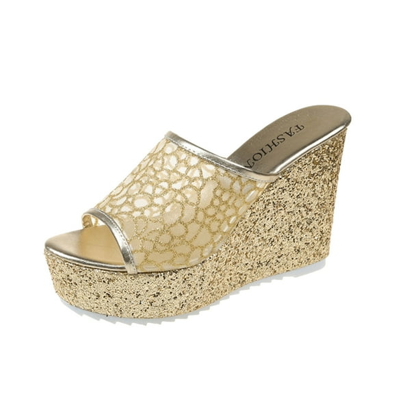 ZTTD Ladies Fashion Summer Solid Color Sequin Mesh Open Toe Wedge Heel Thick Sole Sandals Gold