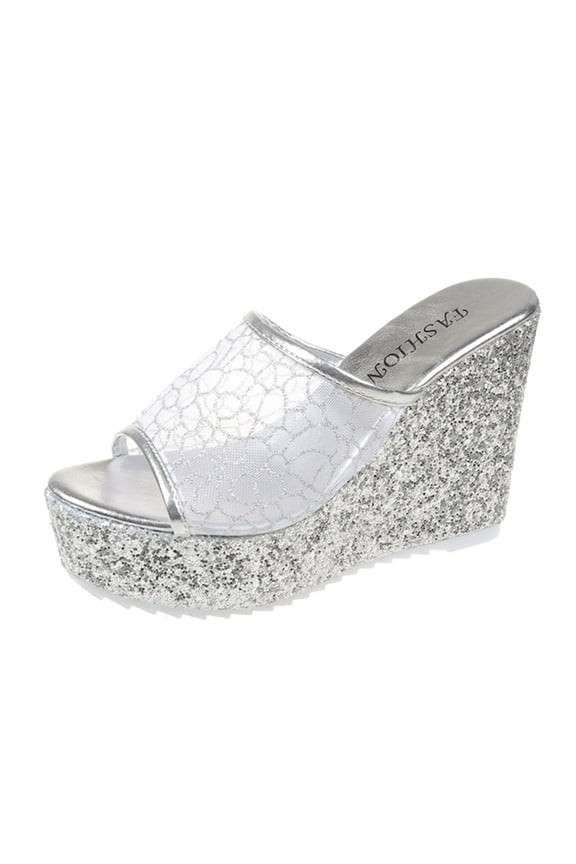 Ladies Fashion Summer Solid Color Sequin Mesh Open Toe Wedge Heel Thick Sole Sandals Silver