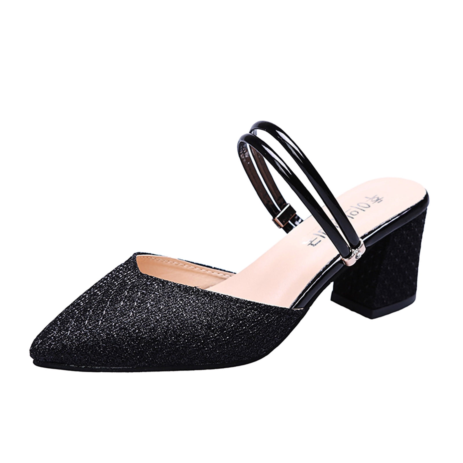ZTTD Ladies Fashion Summer Solid Color Sequin Pointed Thick High Heeled Casual Sandals Black