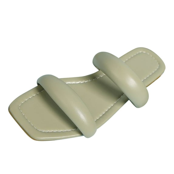 ZTTD Ladies Fashion Summer Solid Leather Square Toe Open Toe Flat Beach Slippers Green