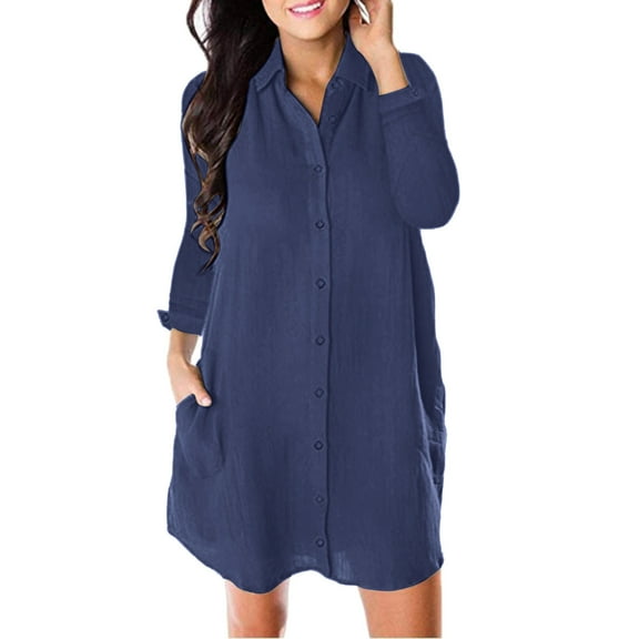 ZTTD Ladies Long Sleeve Solid Dress Pocket Button Loose Casual Shirt Dress