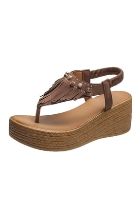 Ladies Sandals Thong Sandals Wedge Ultra Thick Platform Thong Fringe Boho Sandals Brown