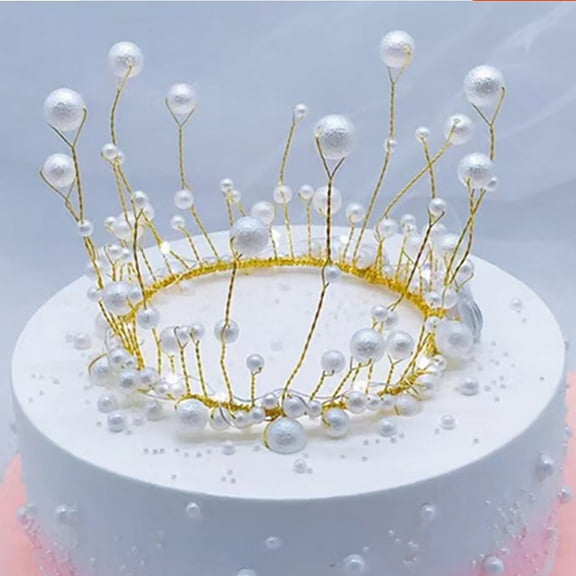 ZTTD Shiny Handmade Happy Birthday Cake Topper for Women Men, White Artificial Pearl Crown Cake Topper for Wedding Graduation Princess Queen Birthday Party Decorations