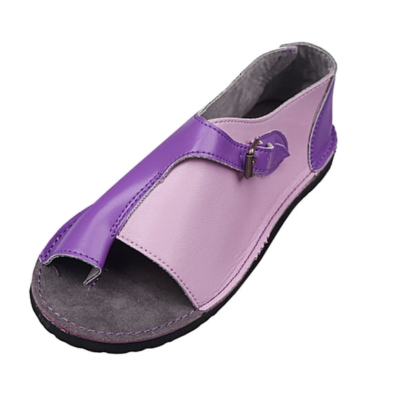 ZTTD Summer Sandals Retro Buckle-Strap Color Matching Sandals Flat Bottom Roman Ladies Shoes Women's Slipper A