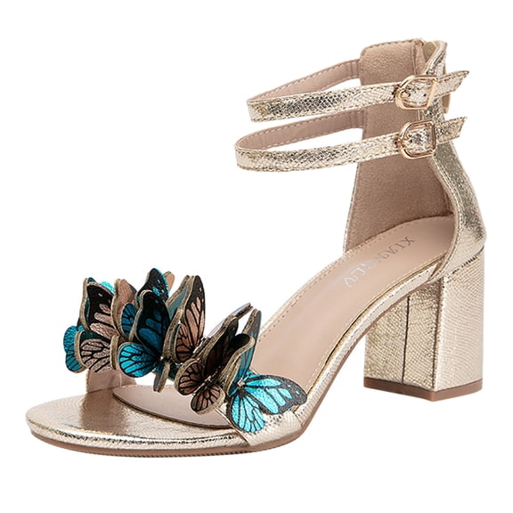 ZTTD Women Butterfly Decoration Heels Sandals Casual Bling Rhinestone Strap Sandals Open Toe Slide Sandals Gold