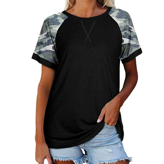 ZTTD Women Camouflage Print Crew Neck Short Sleeve Colorblock T Shirt Top