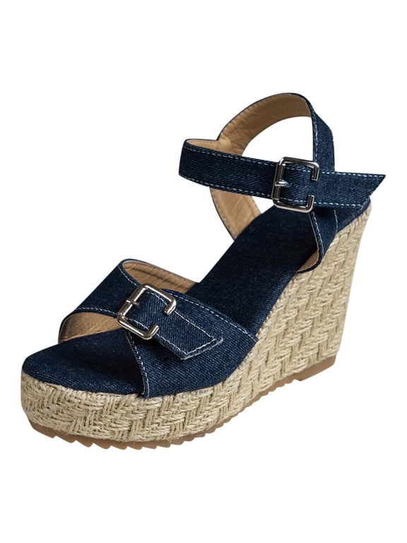 Women Denim Blue Platform Thick Heeled Sandals Fashionable High Heels for Short Girls Denim Buckle Decor Espadrille Wedge Sandals Dark Blue
