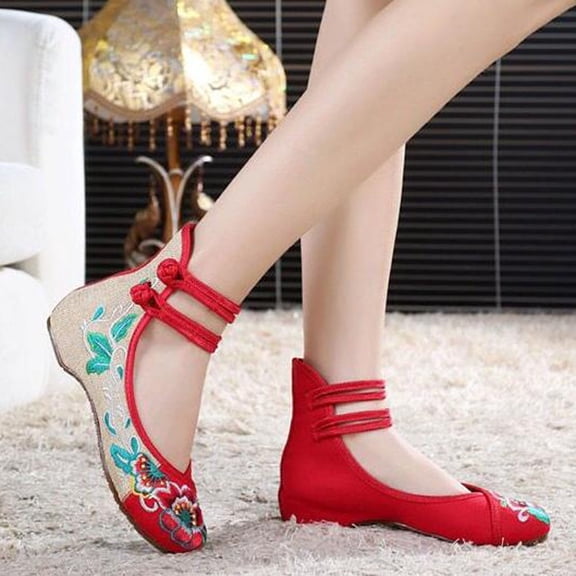 ZTTD Women Embroidered Shoes High To Help Increase Ankle Double Strap Canvas Shoes