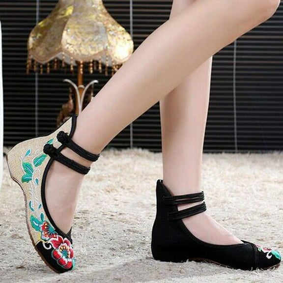 ZTTD Women Embroidered Shoes High To Help Increase Ankle Double Strap Canvas Shoes