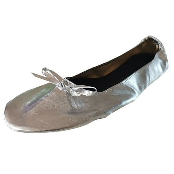 ZTTD Women Foldable Portable Travel Ballet Flat Roll Slipper Shoes Dance Party Shoes Silver