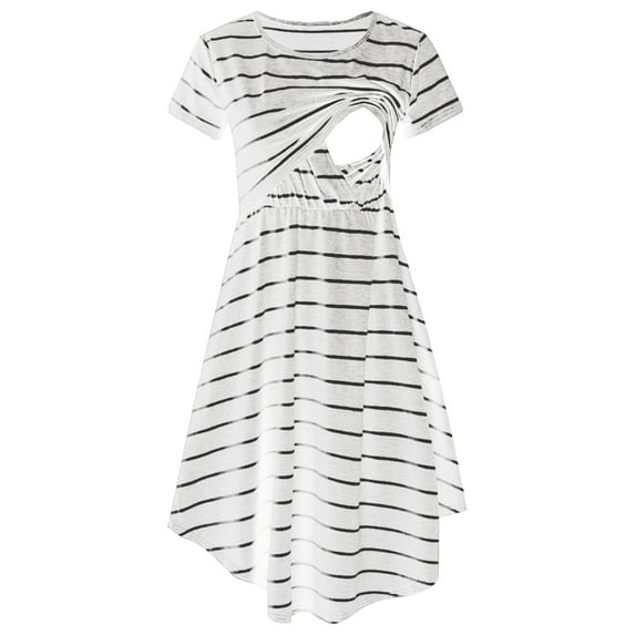 ZTTD Women Maternity Casual Short Sleeve Round Neck Striped Nursing Dress Multifunctional Maternity Dress Mom Lactation Dress, Sizes S-2XL