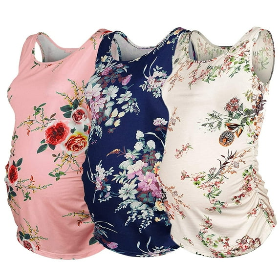 ZTTD Women Maternity Summer Sleeveless Flower Printed Ruched Side Tank Tops Pregnancy Basic Tee Shirt Vest 3 Pack Blouse