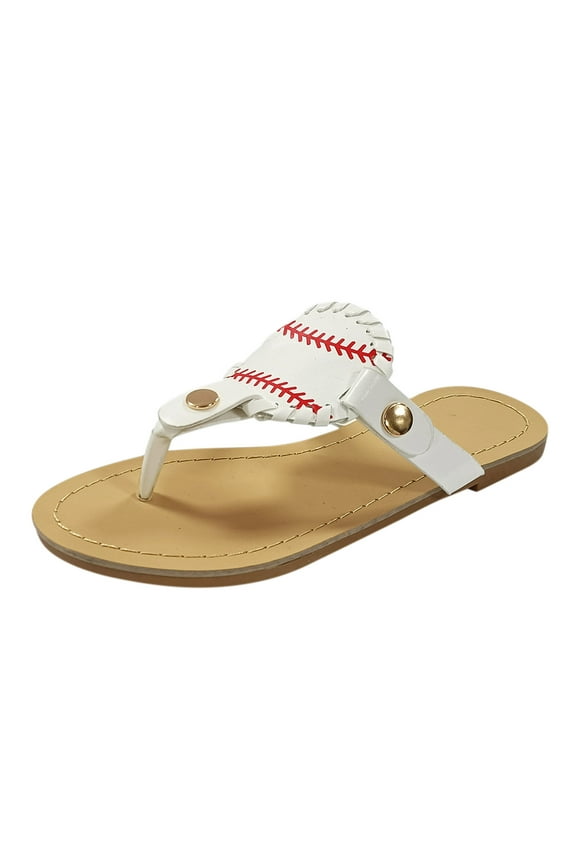 Women Sandals Baseball Printed Flip Flops Beach Slippers Summer Flat Platform Arch Support Orthopedic Shoes White