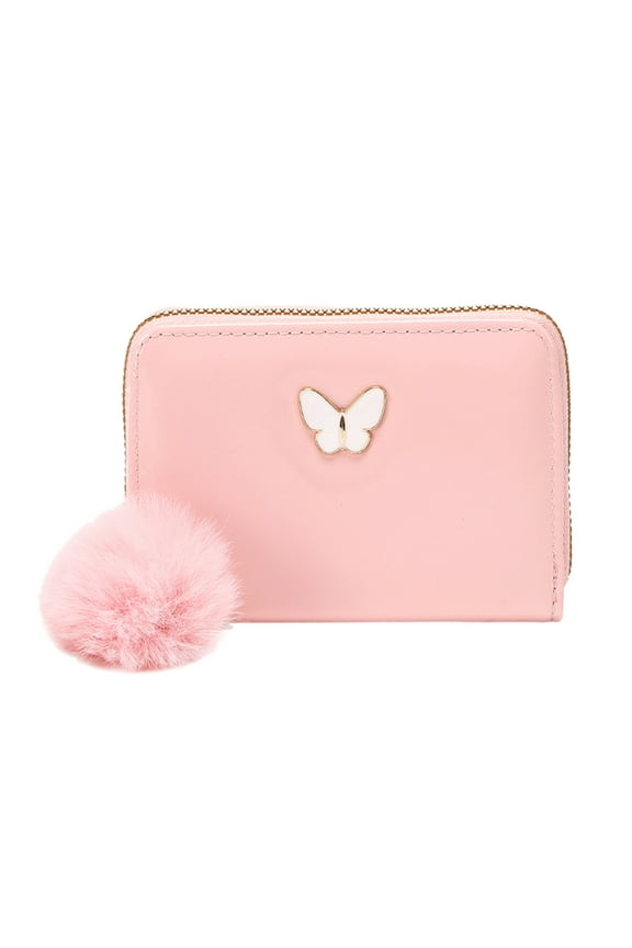 Women Short Wallet Spring and Summer New Pattern Butterfly Decoration Multi Layered Practical Zipper Plush Ball Card Bag