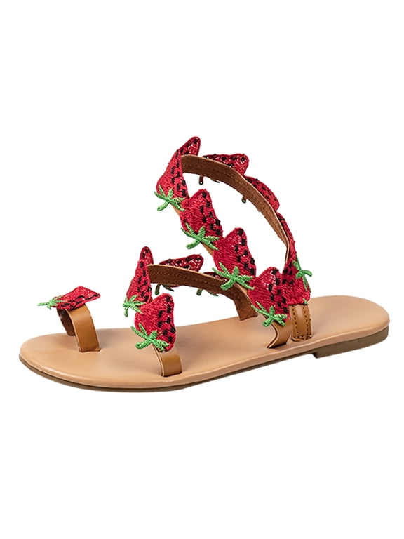 Women Summer Strawberry Decoration Flock Slip On Casual Open Toe Flat Soft Bottom Breathable Shoes Sandals Red