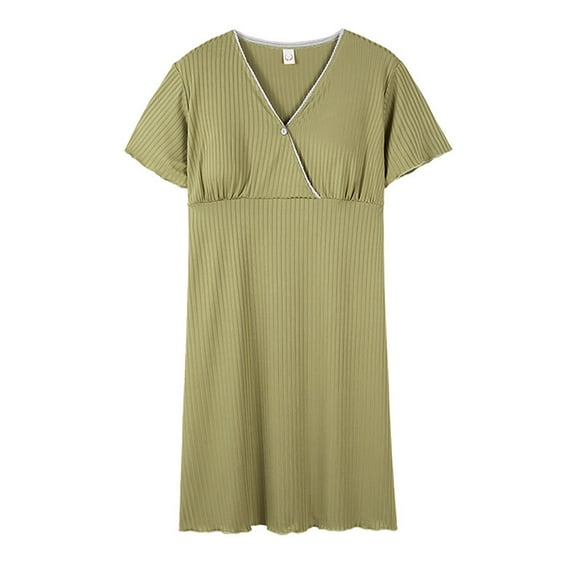 ZTTD Women's Maternity Leisure Short Sleeve V-Neck Breastfeeding Ice Silk Lactation Nightdress Dress With Chest Pads, Sizes S-L