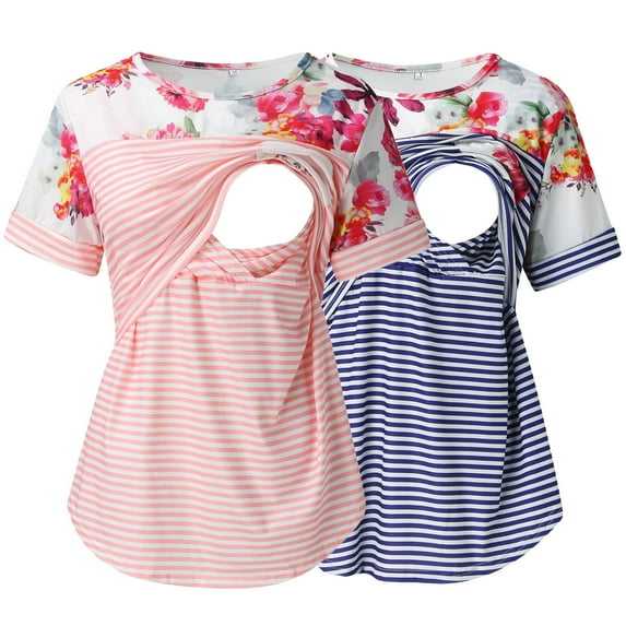 ZTTD Women's Maternity Short Sleeve Crew Neck Striped Printed Nursed Tops T Shirt for Breastfeeding Blouse - 2Pcs, Sizes S-2XL
