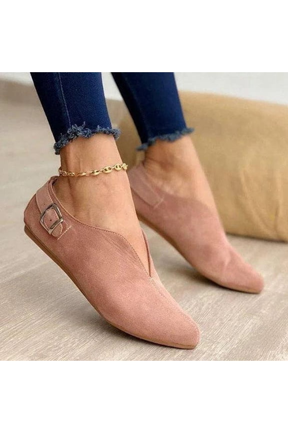 Women's Pointed Toe Suede Flock Casual Summer Flats Buckle Strap Loafers Shoes