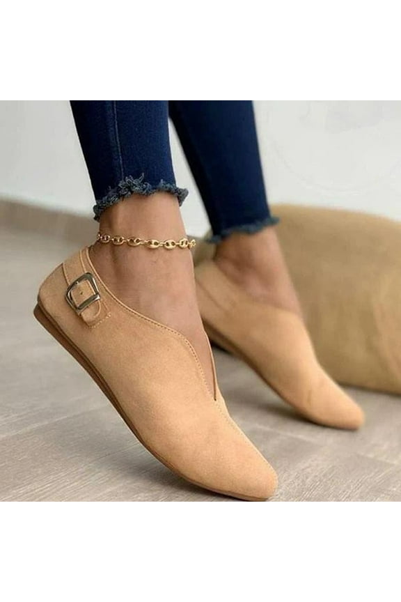 Women's Pointed Toe Suede Flock Casual Summer Flats Buckle Strap Loafers Shoes