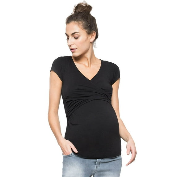 ZTTD Women's Solid Color Short Sleeve V-Neck Pregnant Nursing Tops Maternity Multifunctionl Blouse T-Shirt, Sizes S-2XL