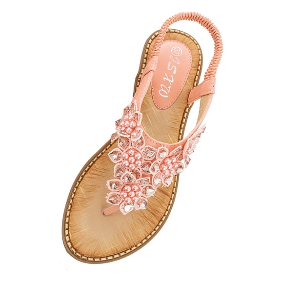 ZTTD Women's Spring and Summer Beads Fashion Bohemian Style Flat Sandals Pink