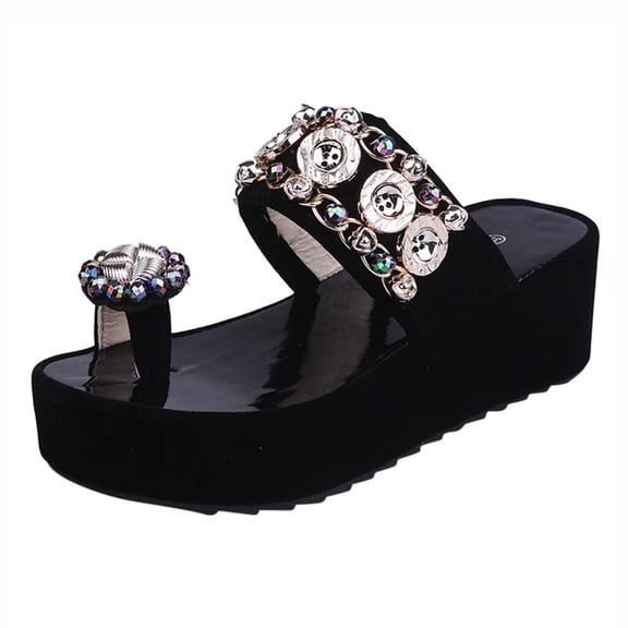 ZTTD Women's Thick Bottom Beading Button Toe Ring Slippers Platform Flip Flops Shoes Black
