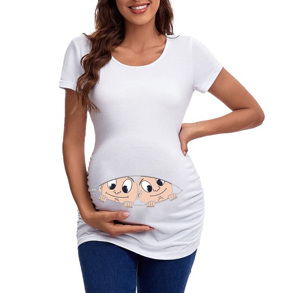ZTTD Womens Maternity Short Sleeve Crew Neck Cute Funny Graphic Ruched Sides T Shirt Tops Pregnancy Tunic Blouse
