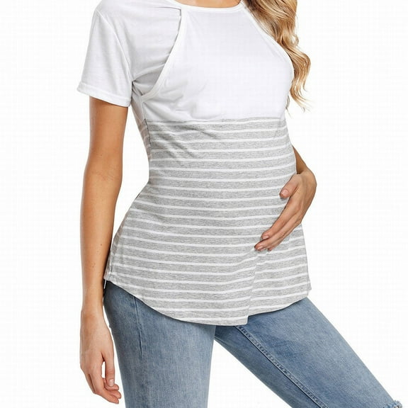 ZTTD Womens Pregnant Tops Fashion Round Neck Clothes for Pregnant and Lactating Mothers Striped Tops Women's T Shirts Short Sleeve Round Neck T Shirt, Sizes S-3XL