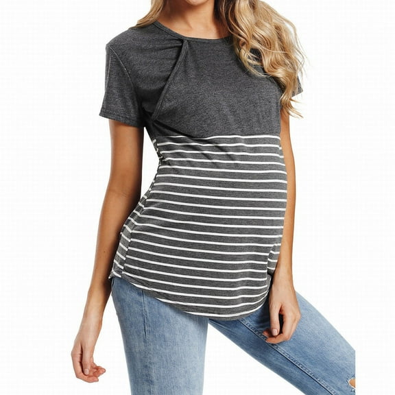 ZTTD Womens Pregnant Tops Fashion Round Neck Clothes for Pregnant and Lactating Mothers Striped Tops Women's T Shirts Short Sleeve Round Neck T Shirt, Sizes S-3XL