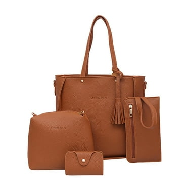 ZTTD by ZTTD Women's PU Leather Solid Four Piece Tote & Crossbody Bag Set, Brown