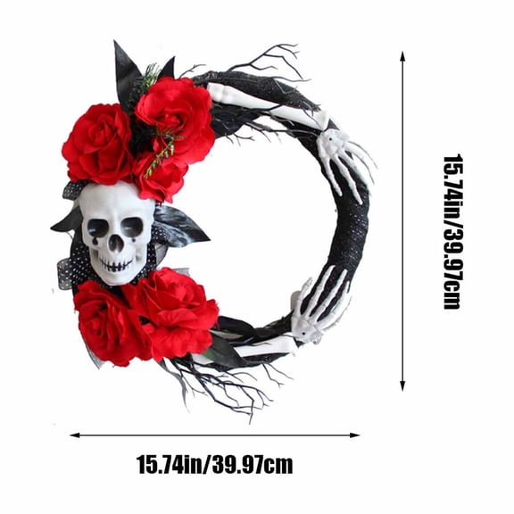 ZToonmas 16 Inch Halloween Skeleton Wreath Rose Skull Wreaths Decoration With Black Leaves Garland Spooky Elegant Ornament for Wall, Porch, Window, Indoor And Outdoor Accessories