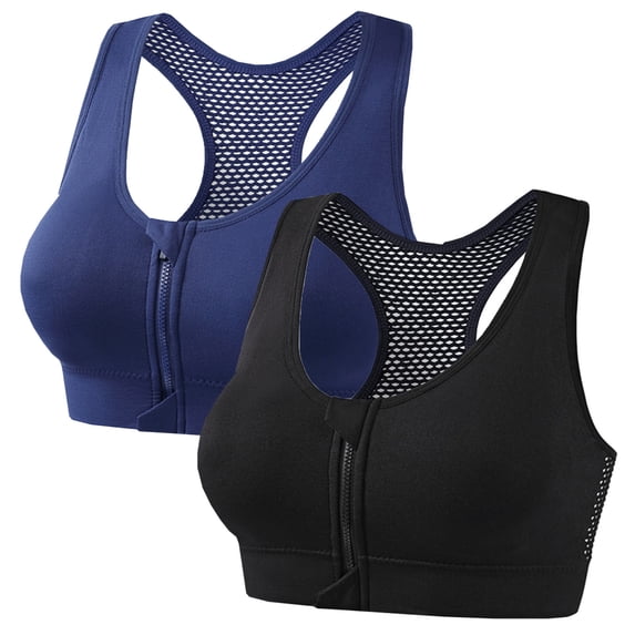 ZToonmas 2 Packs Women's Front Zip Racerback Wireless Sports Bra Push-up Mesh Back Workout Bra