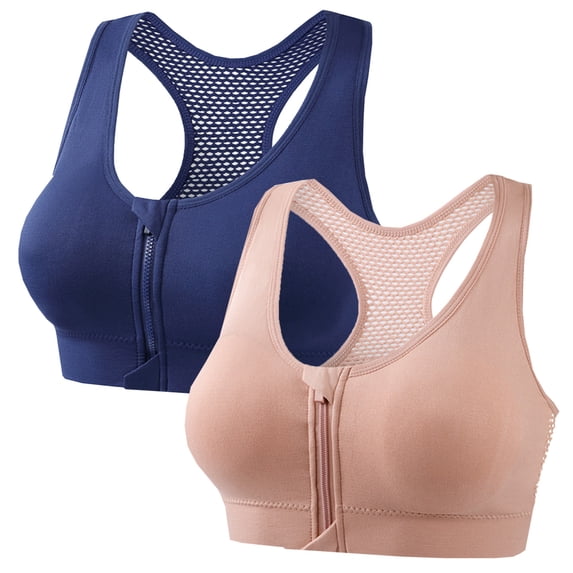 ZToonmas 2 Packs Women's Front Zip Racerback Wireless Sports Bra Push-up Mesh Back Workout Bra