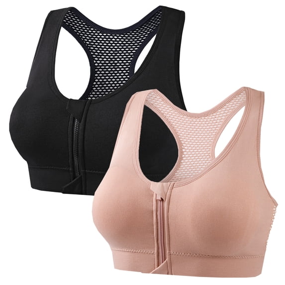 ZToonmas 2 Packs Women's Front Zip Racerback Wireless Sports Bra Push-up Mesh Back Workout Bra
