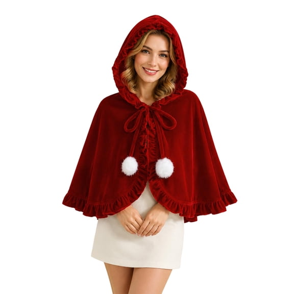 ZToonmas Adult Red Velvet Short Hooded Cape Ruffled Edge Cloak with White Pom Poms for Christmas Halloween Role Play