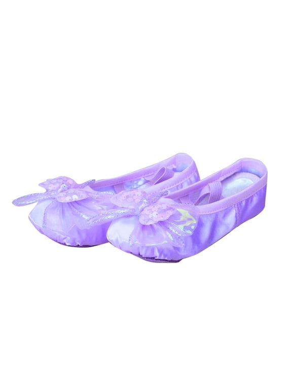 Ages 2-14 Girls' Satin Sequin Tulle Bow Ballet Dance Slippers Soft Split Sole Elastic Cross Strap Non-Slip Flexible Cute Princess Training Flats