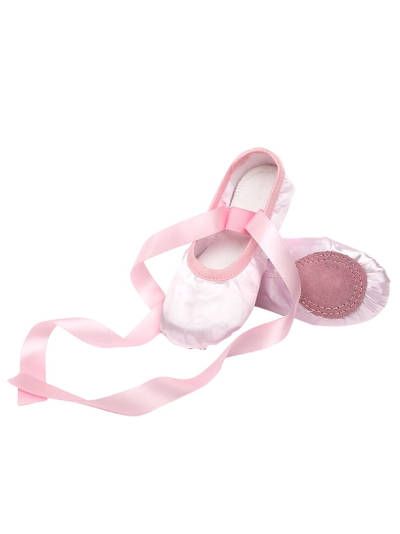 Ages 2-14 Girls' Solid Satin Ribbon Tie Ballet Dance Slippers Soft Split Sole Long Wrap Ribbon Straps Non-Slip Lightweight Training Flats