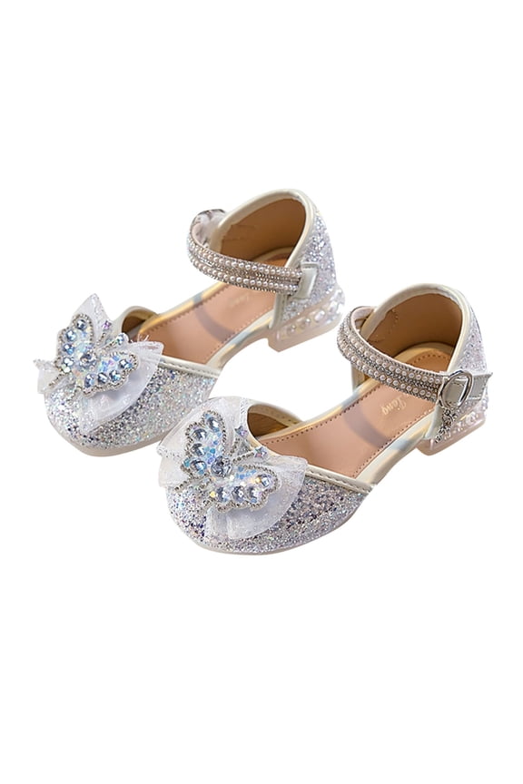 Ages 3-13 Girls' Glitter Butterfly Low Heel Mary Jane Sandals Pearl Ankle Strap Sparkly Tulle Bow Crystal Decor Leather Princess Dress Flats