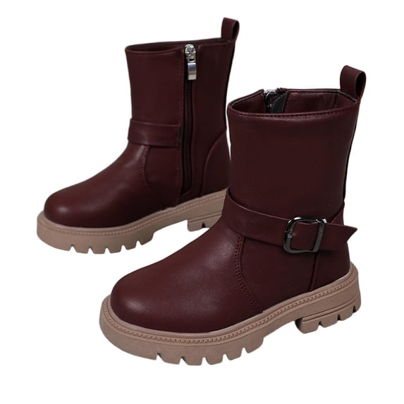 ZToonmas Ages 3-14 Big Kids Girls Solid Leather Mid Calf Martin Boots with Side Zipper Buckle Strap Soft Non-Slip High Top Casual Dress Shoes for School Daily Wear
