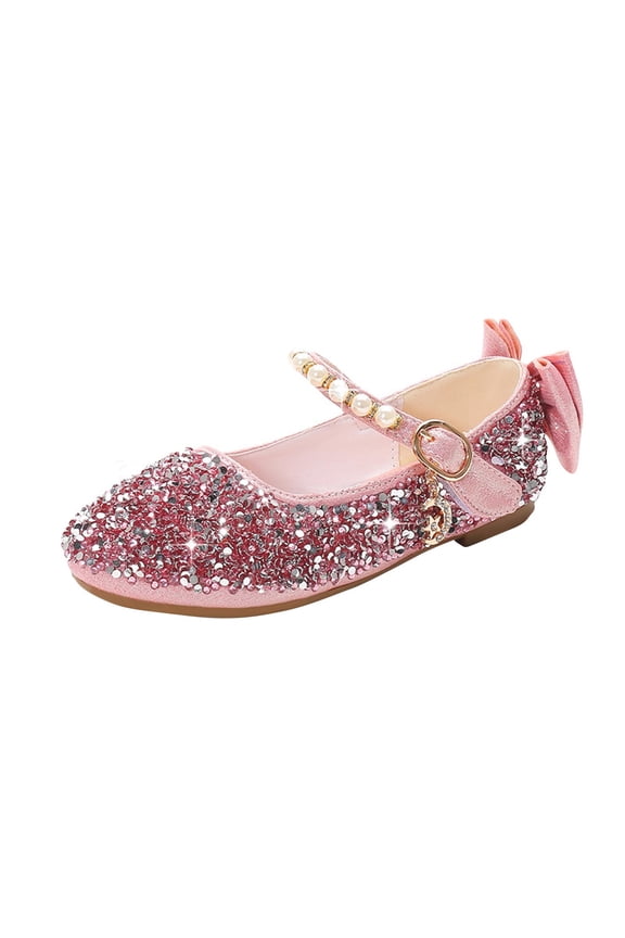 Ages 3-14 Girls Glitter Mary Jane Flat Shoes Sparkly Crystal Pearl Ankle Strap Back Bow Decor Princess Dress Single Shoes for Stage Performance