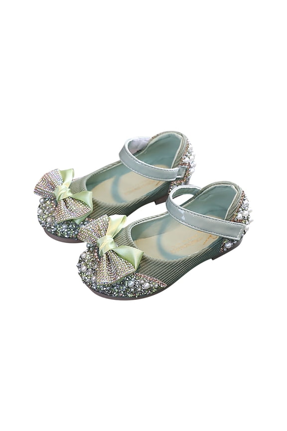 Ages 3-14 Girls' Pearl Bow Ankle Strap Sandals Hook and Loop Crystal Princess Soft Non-Slip Flat Leather Summer Dress Shoes for Daily Casual Wear
