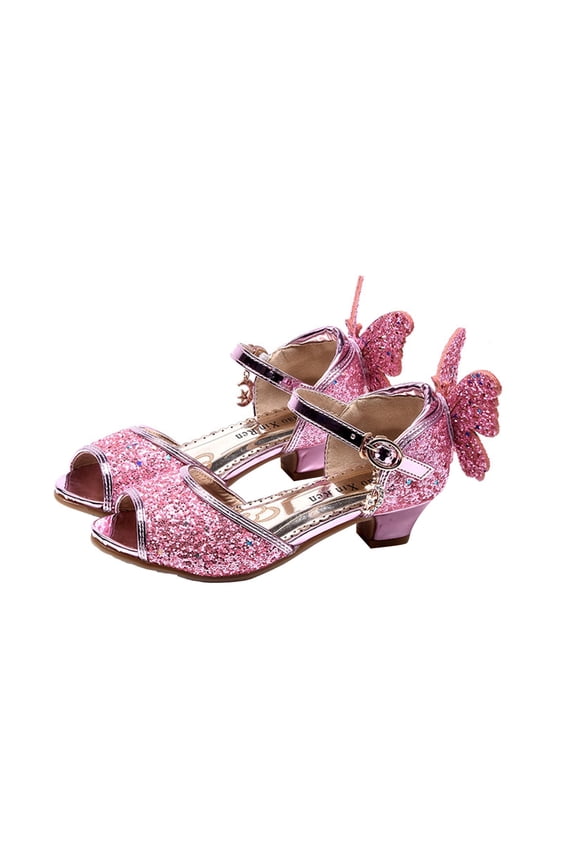 Ages 4-16 Girls Glitter Open Toe Heel Sandals Sparkly Crystal Butterfly Back Ankle Strap Princess Shoes Low Block Heel Kids Formal Single Shoes