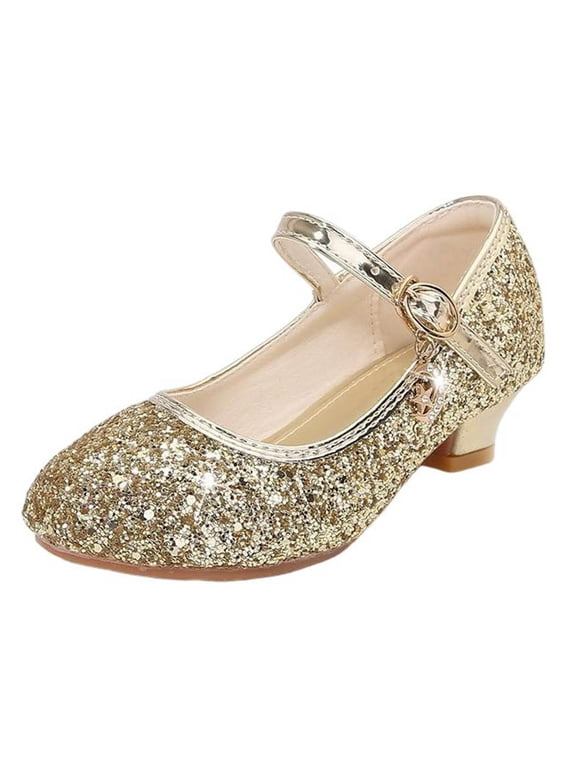 Big Kids Girls Glitter Mary Jane Low Heel Princess Shoes for 4-12.5 Years Crystal Buckle Ankle Strap Sparkly Non-Slip Soft Sole Dress Heels for Wedding Flower Girl