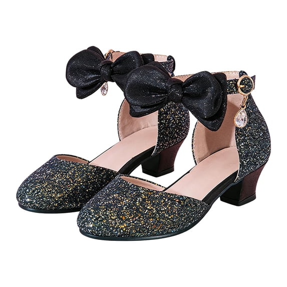 ZToonmas Big Kids Girls Glitter Sequins Bow Low Heel Princess Sandals Non-Slip Soft Sole Ankle Strap Summer Leather Dress Heels for Flower Girls